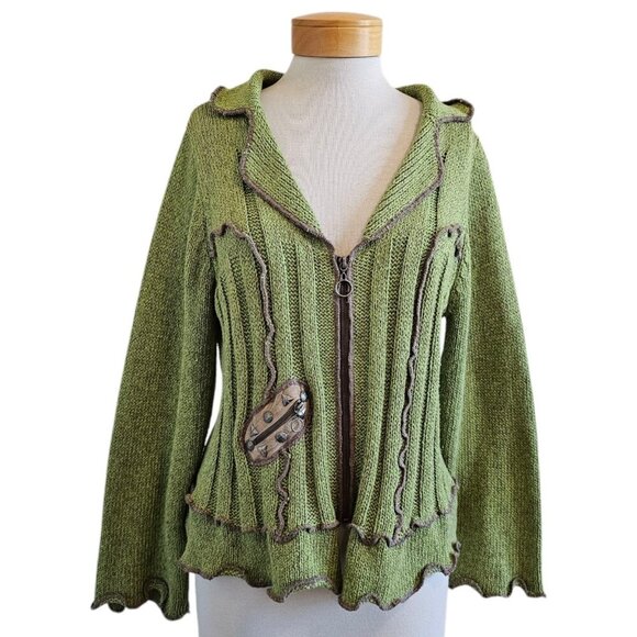 Belamie Sweaters - Belamie Green Chunky Knit Art To Wear Flutter Ruffles Whimsical Zip Cardigan L